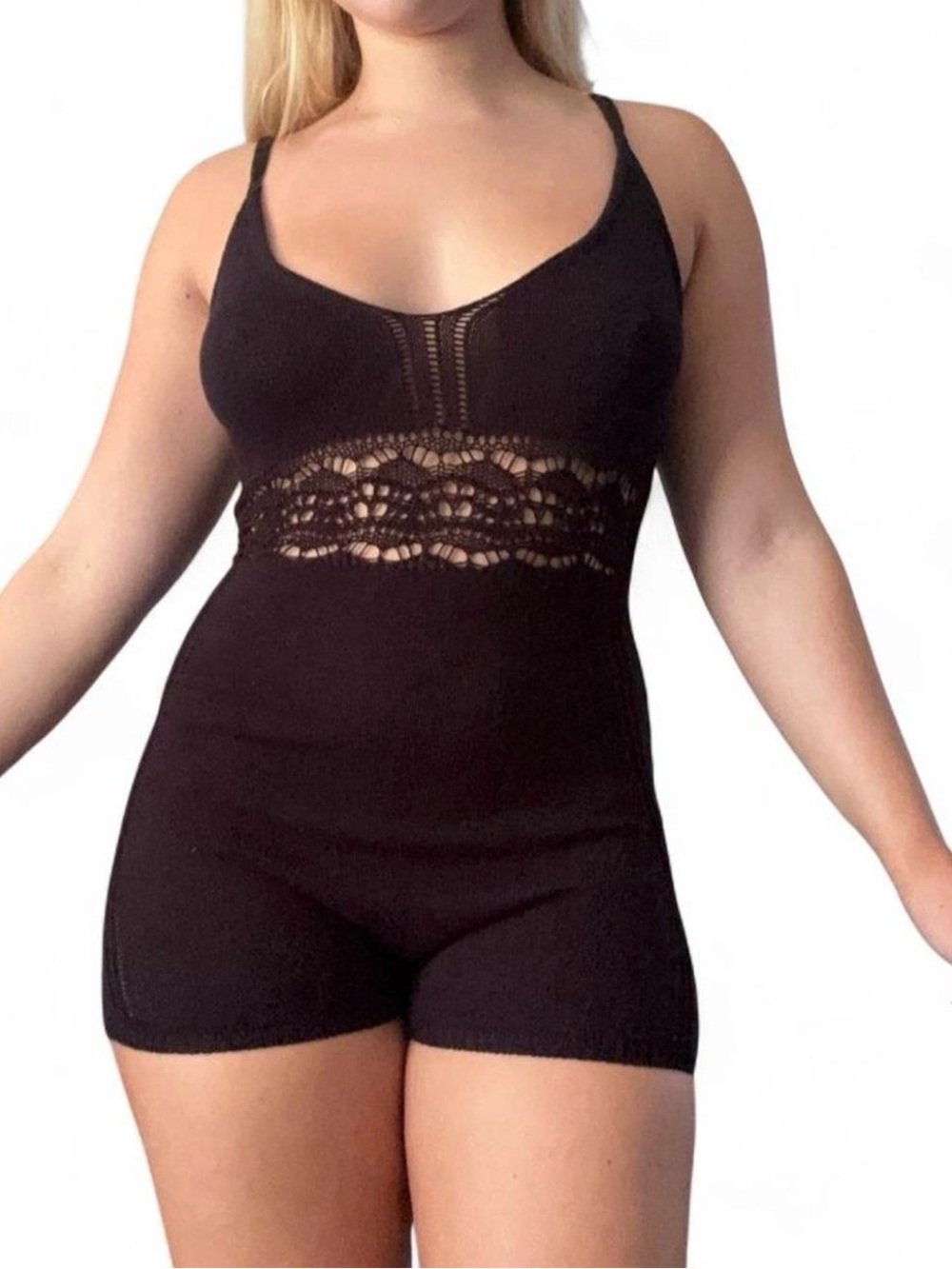 Adorable Current Mood Black Knit Crochet-Waist Sleeveless Romper Size M